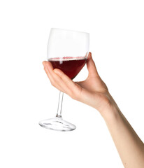 Female hand holding glass of red wine isolated on white background
