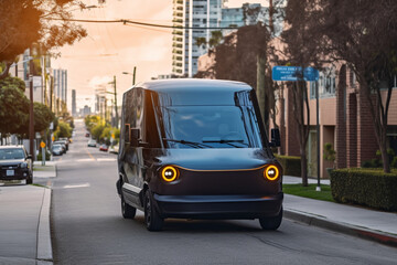 Fototapeta premium Electric Van Delivering on road. Driver of Electric cargo van delivers the parcel to the customer. Modern Delivery truck. Electric delivery van in New York City. Ai Generative illustration.