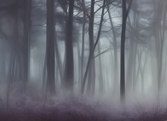 Fototapeta na wymiar atmospheric abstract paining of a mysterious winter forest with trees shrouded in mist and frozen ground. generative ai illustration.