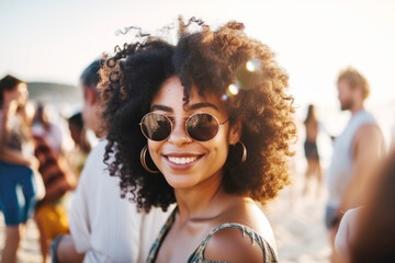 Portrait of Black woman smiling at a summer beach party. Generative AI.