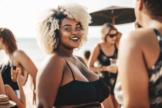 Portrait Of Curvy Stylish Black Woman Smiling At A Summer Beach Party. Generative AI.