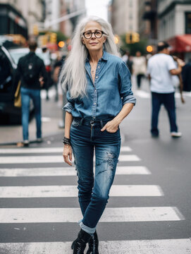 Stylish senior woman standing on street in urban city wearing glasses and a hat. Generative AI.