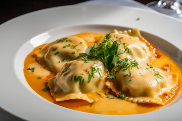 Delectable Ravioli with a Rich Lobster Sauce, Garnished with Chopped Parsley, generative ai
