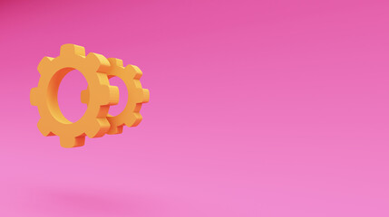 floating 3D Gears icon on pink background with dropping shadow. Settings, process, progress business icon. 3d rendering illustration
