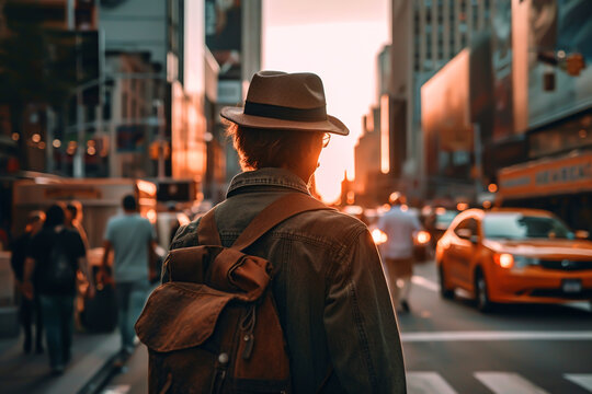 Traveler in New York, back view. Urban sunset, male traveler with backpack in city buildings. New york city streets on sunset. Walking Travel trip in NYC. Man Traveler in New York City. AI Generate