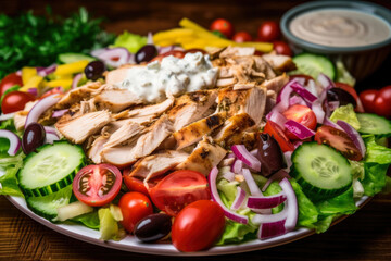 colorful macro shot of a chicken shawarma salad, filled with fresh vegetables, feta cheese, olives, and tzatziki sauce, generative ai