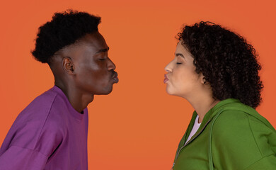 Closeup of interracial couple kissing on red, copy space