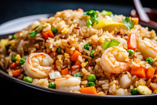colorful image of seafood fried rice with an array of seafood including shrimp, squid, and scallops, mixed with vegetables and grains, and served in a hot wok, generative ai