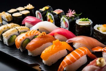 Colorful close-up of a sushi platter with an array of fresh, raw seafood and beautifully rolled sushi, served on a black marble platter, generative ai
