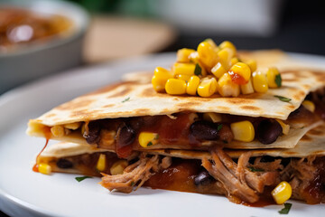 Obraz na płótnie Canvas colorful close-up of a quesadilla loaded with tender pulled pork, diced pineapple, and tangy BBQ sauce, served with a side of sweet corn and black bean salsa, generative ai