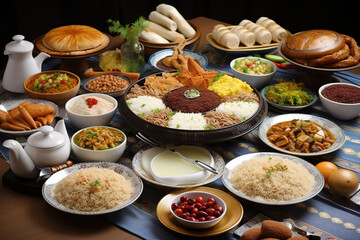 Fototapeta na wymiar Ramadan iftar foods. Generative Ai