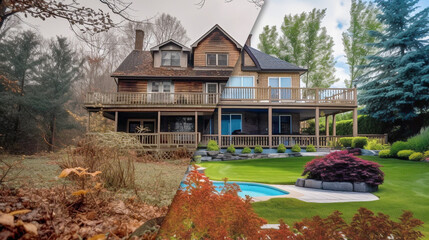 Large House and Property Before And After Cleanup and Construction - Generative AI.