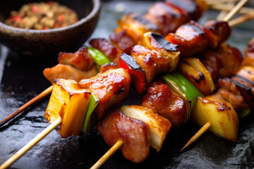 Close-up of yakitori skewers marinated in a sweet and spicy sauce, grilled to perfection and served with a side of steamed rice and pickled ginger, generative ai - obrazy, fototapety, plakaty