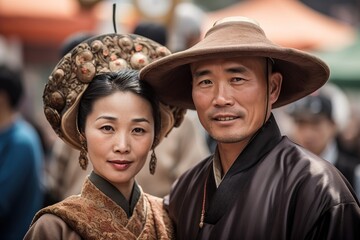 Outdoors portrait of Chinese couple wearing traditional clothes. Generative AI