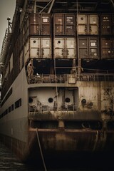 Old cargo ship in a harbor. Close up shot. Generative AI vertical shot