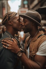 Gay couple kissing each other in the street. Generative AI vertical shot