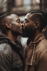 Male African American couple kissing each other with passion in the street. Pride month concept. Generative AI vertical shot