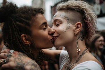 Obraz premium Mixed race lesbian couple kissing each other in the middle of the crowd. Generative AI