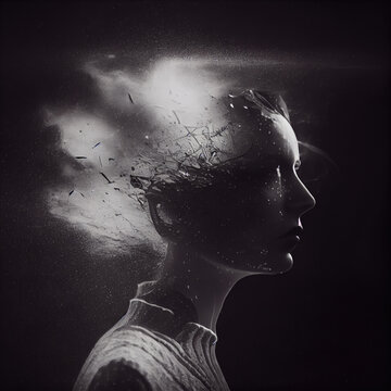 Conceptual image showing trauma and brain in young woman.. Generative AI