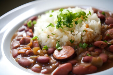 Close-up of steaming hot red beans and rice with smoked ham hock and a sprinkle of Cajun seasoning, generative ai - obrazy, fototapety, plakaty