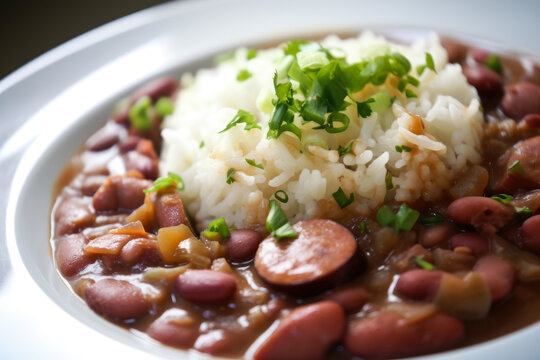 Close-up of steaming hot red beans and rice with smoked ham hock and a sprinkle of Cajun seasoning, generative ai