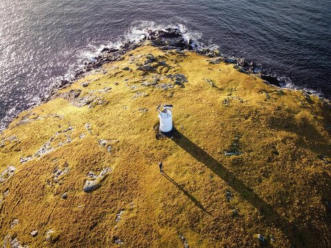 Ness of Westshore lighthouse aerial view, Scalloway, Shetland Islands, Scotland