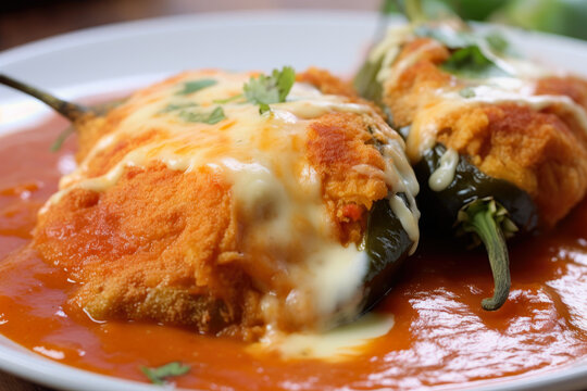 Close-up of spicy Chiles Rellenos stuffed with tender shredded chicken and smothered in a smoky chipotle sauce, generative ai