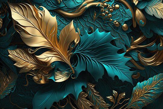 background with blue and gold leaves