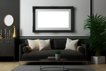 Mockup mit horizontalen Bilderrahmen im Wohnzimmer als Hintergrund. Ideal als Präsentation für Produkte wie Poster, Gemälde, Leinwände oder Wandbilder. Leerer Rahmen für Fotos. Generativ KI