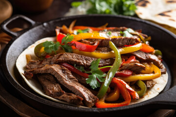 Close-up of sizzling hot beef fajitas with grilled vegetables, smoky spices, and fresh cilantro on a cast iron skillet, generative ai - obrazy, fototapety, plakaty