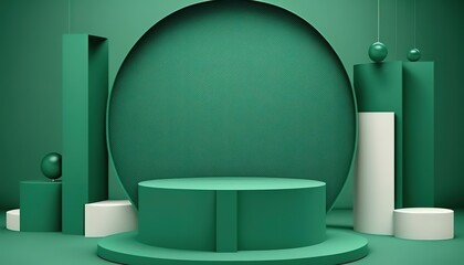 Abstract mockup scene background. Cylinder podium on green background. Product presentation, mockup for cosmetic product as stage, pedestal or platform. Generative AI