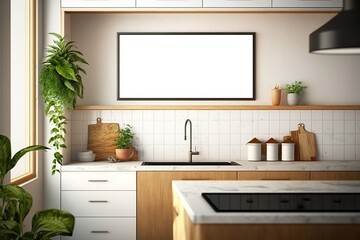 Mockup mit vertikalen Bilderrahmen im Küche als Hintergrund. Ideal als Präsentation für Produkte wie Poster, Gemälde, Leinwände oder Wandbilder. Leerer Rahmen für Fotos - Generativ KI
