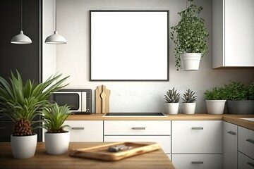 Mockup mit vertikalen Bilderrahmen im Küche als Hintergrund. Ideal als Präsentation für Produkte wie Poster, Gemälde, Leinwände oder Wandbilder. Leerer Rahmen für Fotos - Generativ KI