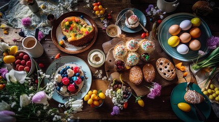 Fototapeta na wymiar Charming Easter eggs in a basket, featuring a delightful array of colors and patterns, perfect for celebrating the season. An ortodox table a full of Easter food, eggs and saint bread.