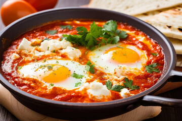 close-up of Shakshuka in a ceramic bowl with perfectly cooked eggs, creamy feta cheese, and a side of pita bread, generative ai