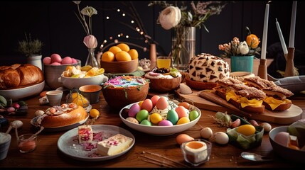 Fototapeta na wymiar Charming Easter eggs in a basket, featuring a delightful array of colors and patterns, perfect for celebrating the season. An ortodox table a full of Easter food, eggs and saint bread.