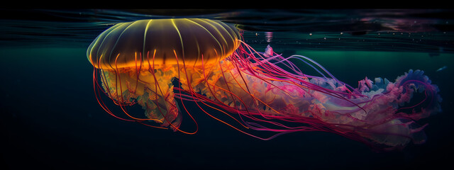 jellyfish, light, water, sea, fish, ocean, underwater, blue, jelly, animal, aquarium, marine, glow, black, design, dark, nature, fire, floating, energy generative ai