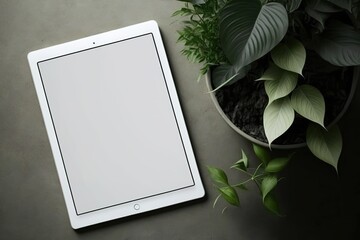 Mockup - Blank tablet screen lies on the table or work Desk with green plants. Ideal for your app, concept template or website presentation. Generative AI  - obrazy, fototapety, plakaty