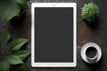 Mockup - Blank tablet screen lies on the table or dark wooden work Desk with coffee and plants. Ideal for your app, concept template or website presentation. Generative AI 