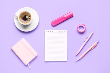 Composition with blank notebook, coffee cup and stationery on purple background