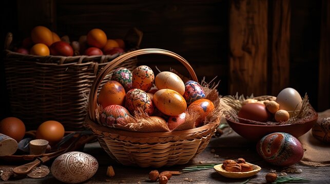 Charming Easter eggs in a basket, featuring a delightful array of colors and patterns, perfect for celebrating the season. An ortodox table a full of Easter food, eggs and saint bread.