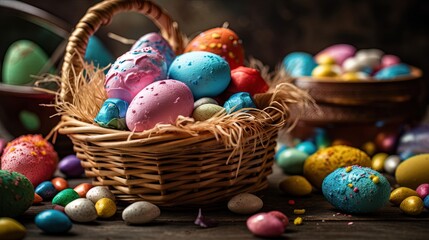 Charming Easter eggs in a basket, featuring a delightful array of colors and patterns, perfect for celebrating the season. An ortodox table a full of Easter food, eggs and saint bread.