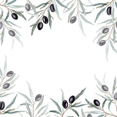 Watercolor banner with black olive leaves branches.Watercolor olive in bouquet. Decorative element for greeting card. Illustration