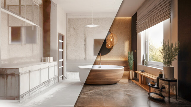 Luxurious Custom Bathroom Upgrade Interior Before And After Construction - Generative AI.