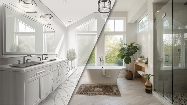 Custom Bathroom Upgrade Interior Concept Drawing Before And After Completed Construction - Generative AI.