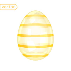 Glass Shiny Easter Egg with Yellow Stripes. Beautiful Easter Gift. Image of transparent glossy crystal yellow egg isolated on white background. 3d decoration for easter design. 3D vector illustration