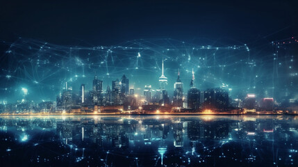 Obraz na płótnie Canvas Smart city and big data connection technology concept with digital blue wavy wires with antennas on night megapolis city skyline background, double exposure Generative AI