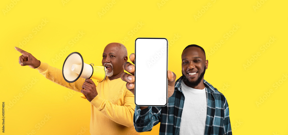 Poster two black men using megaphone and showing big blank smartphone