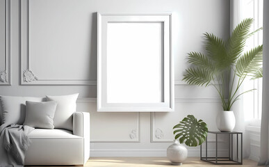 Fototapeta na wymiar Blank picture frame mockup on white wall. White living room design. View of modern scandinavian style interior with chair. Home staging and minimalism concept