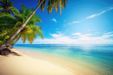 Naklejka na ściany i meble Beautiful beach on a Tropical island with white sand and palm trees Generative AI